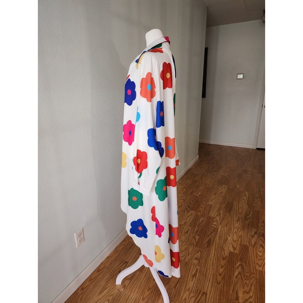 Women's White Colorful Floral Print High-Low Shirt Dress Long Sleeve Collared 2x - Picture 3 of 7
